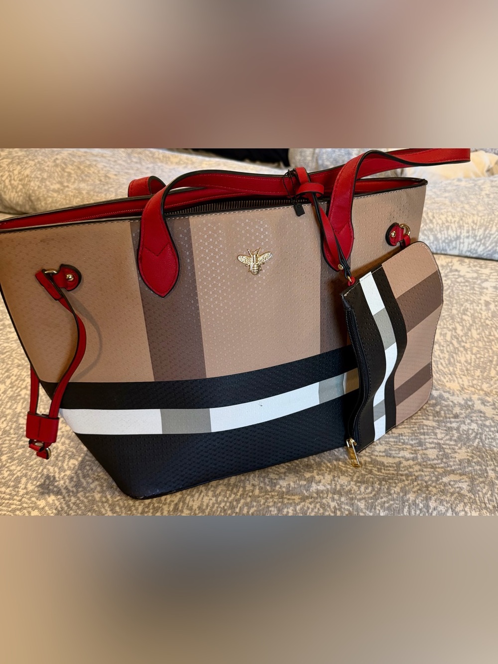 Neutral Patterned Tote with Red Trim for Women
